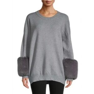 Saks Fifth Avenue Gray Faux Fur Cuff Crewneck Sweater Womens Oversized Size M